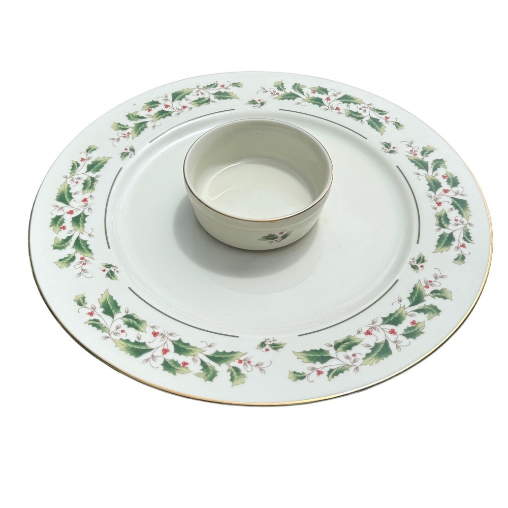 Fine China Japan Christmas Holly Berry Chip and Dip‎ Serving Set Gold Trim 1pc